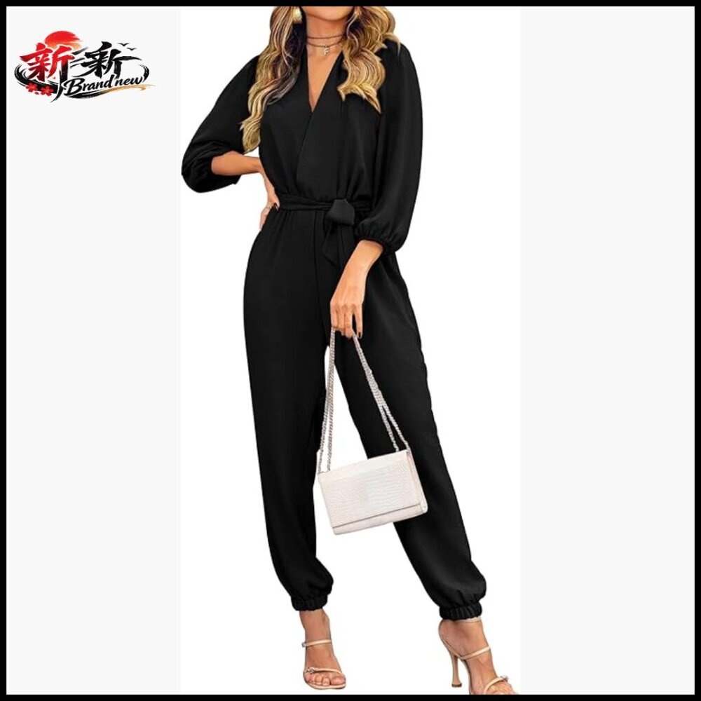 Polyester Jumpsuit With V-Neck, Long Sleeves, Belt, And Pockets